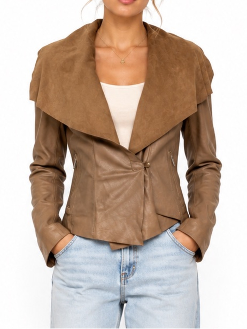 Michael Kors Y2K Cropped Leather Jacket in Brown Suede Waterfall Collar Size XS